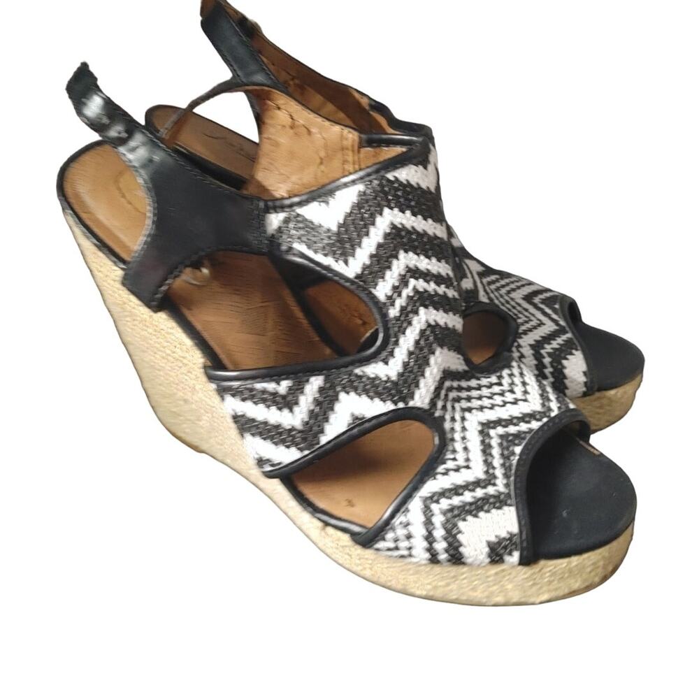 Lucky Brand Espadrille Sandals Wedge Sz 10 Black White Woven Aztec